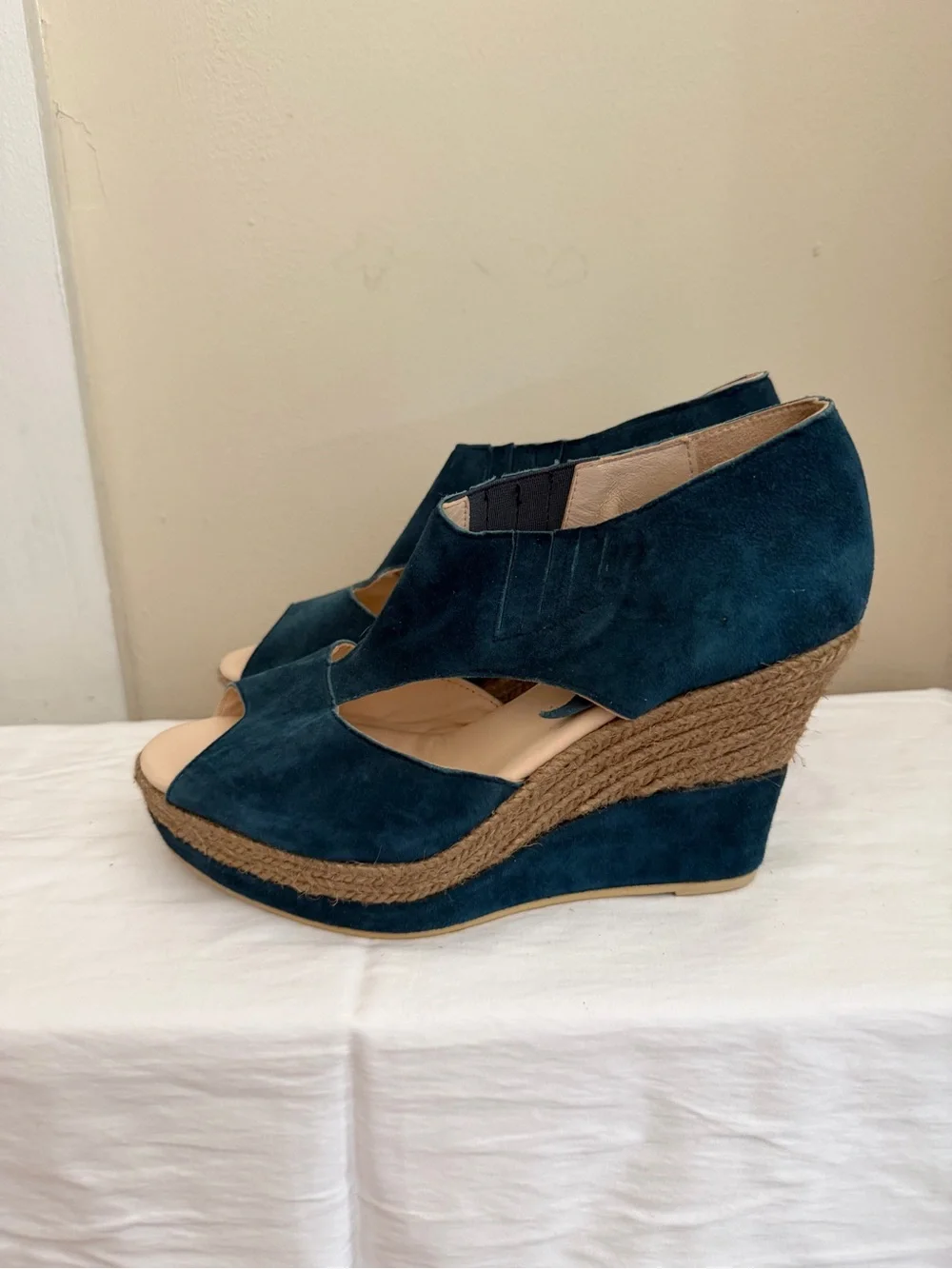 Teal Suede Open-Toe Wedge Sandals